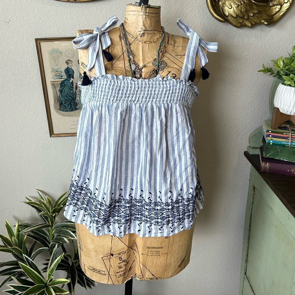 Smocked Blue & White Stripe Embroidered Tie-Shoulder Tank Top